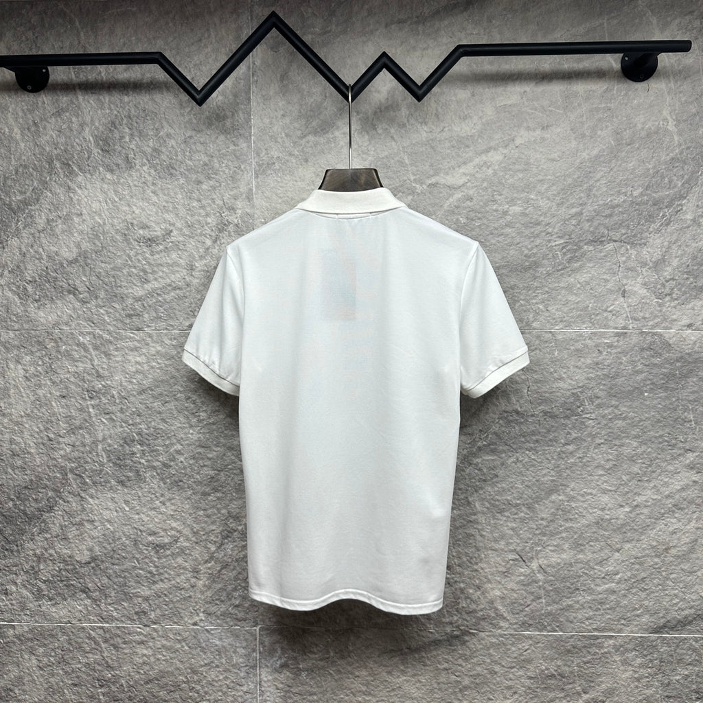 Gucci polo shirt in white, back view with short sleeves and buttonless stand collar