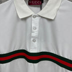 Gucci polo shirt in white with button placket, spread collar, and red and green stripe