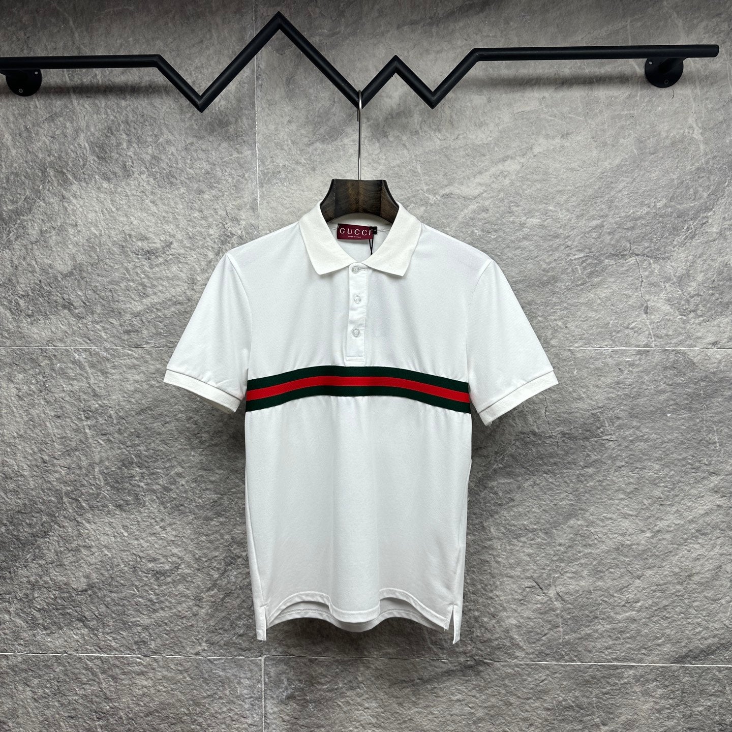 Gucci polo shirt in white with red and green striped band across the chest