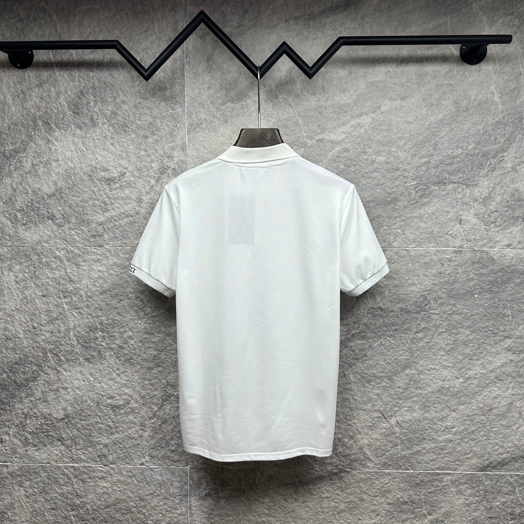 White Gucci polo shirt, back view with ribbed collar and short sleeves
