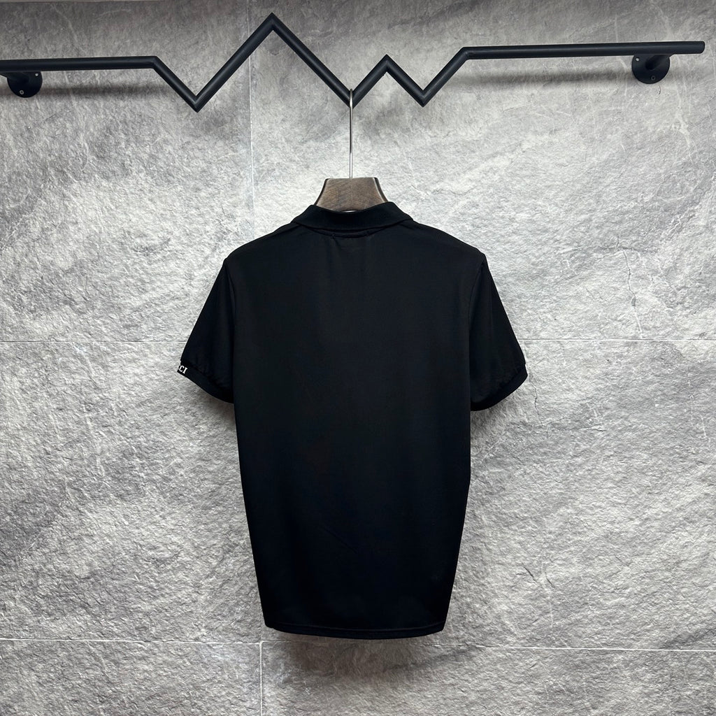 Black Gucci polo shirt with ribbed collar and short sleeves, back view