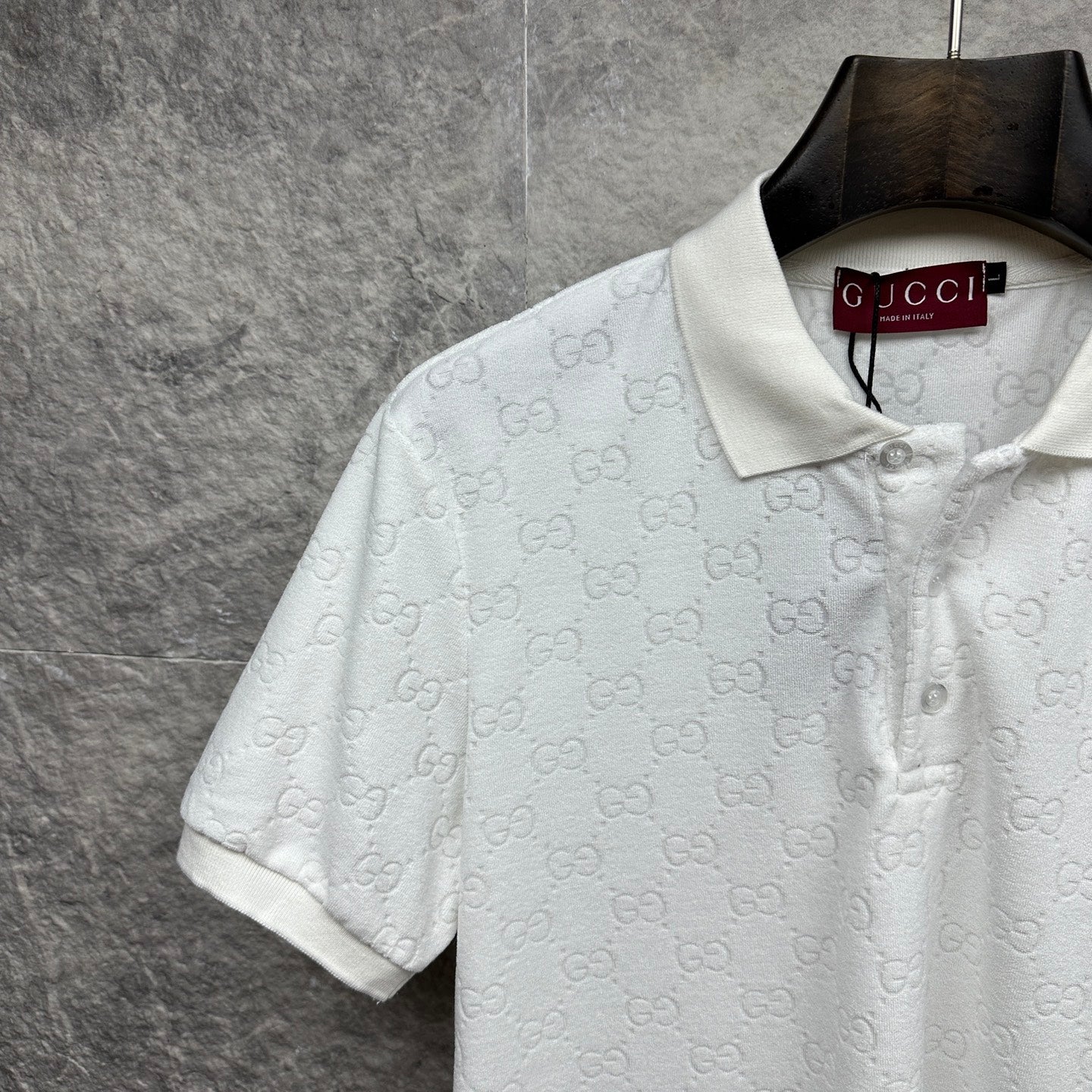 Gucci short-sleeve polo shirt, white GG pattern, fold-over collar detail