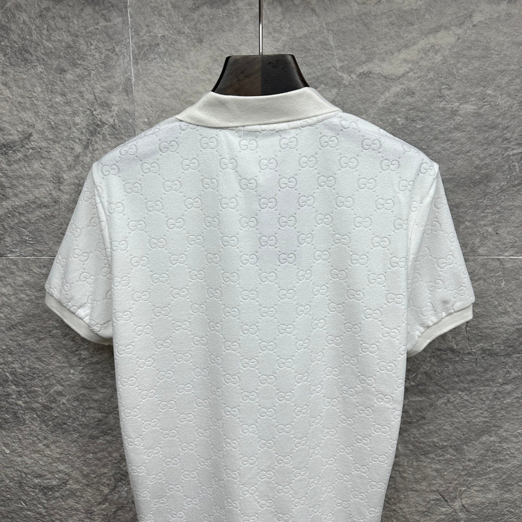 Gucci short-sleeve polo shirt back, white GG pattern, curved hem