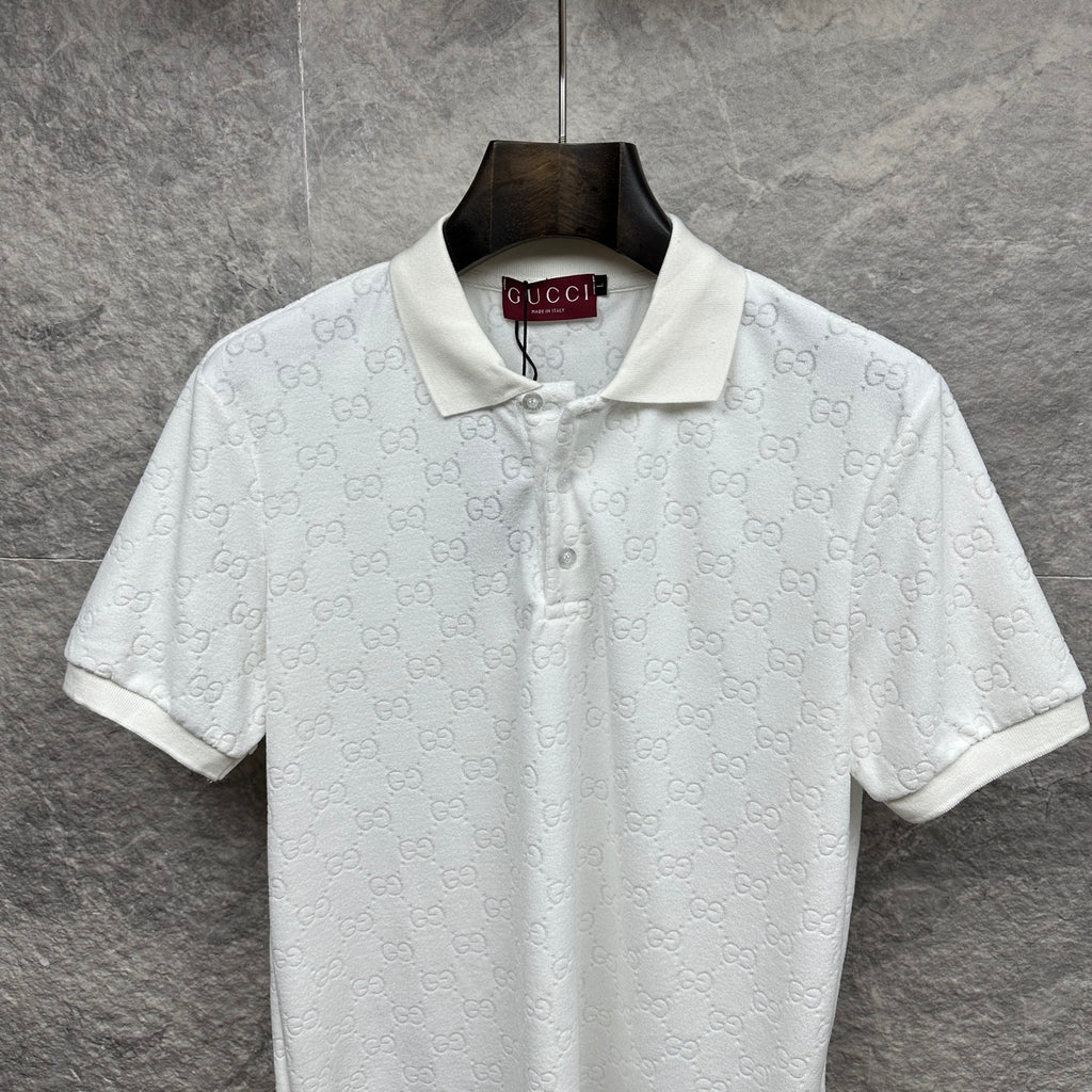 Gucci short-sleeve polo shirt, white GG jacquard, button placket and collar