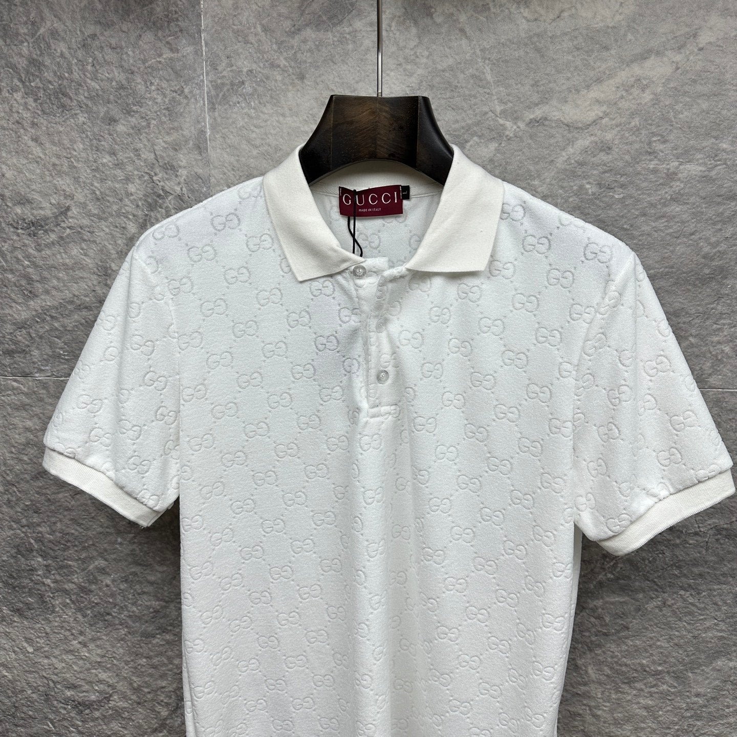 Gucci short-sleeve polo shirt, white GG jacquard, button placket and collar