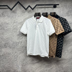 Short-sleeve polo shirts set: white, dark navy, and brown with GG-style pattern