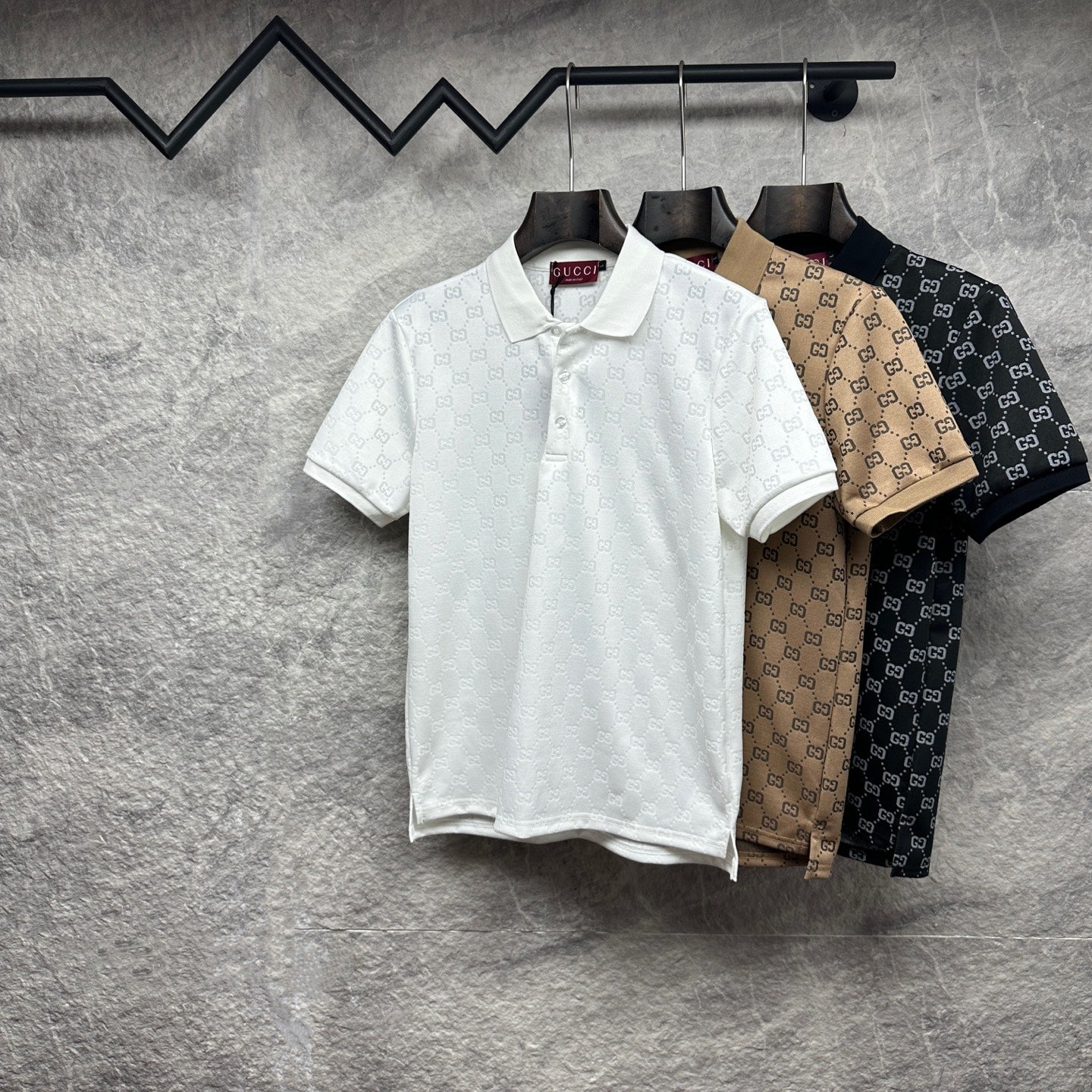 Short-sleeve polo shirts set: white, dark navy, and brown with GG-style pattern