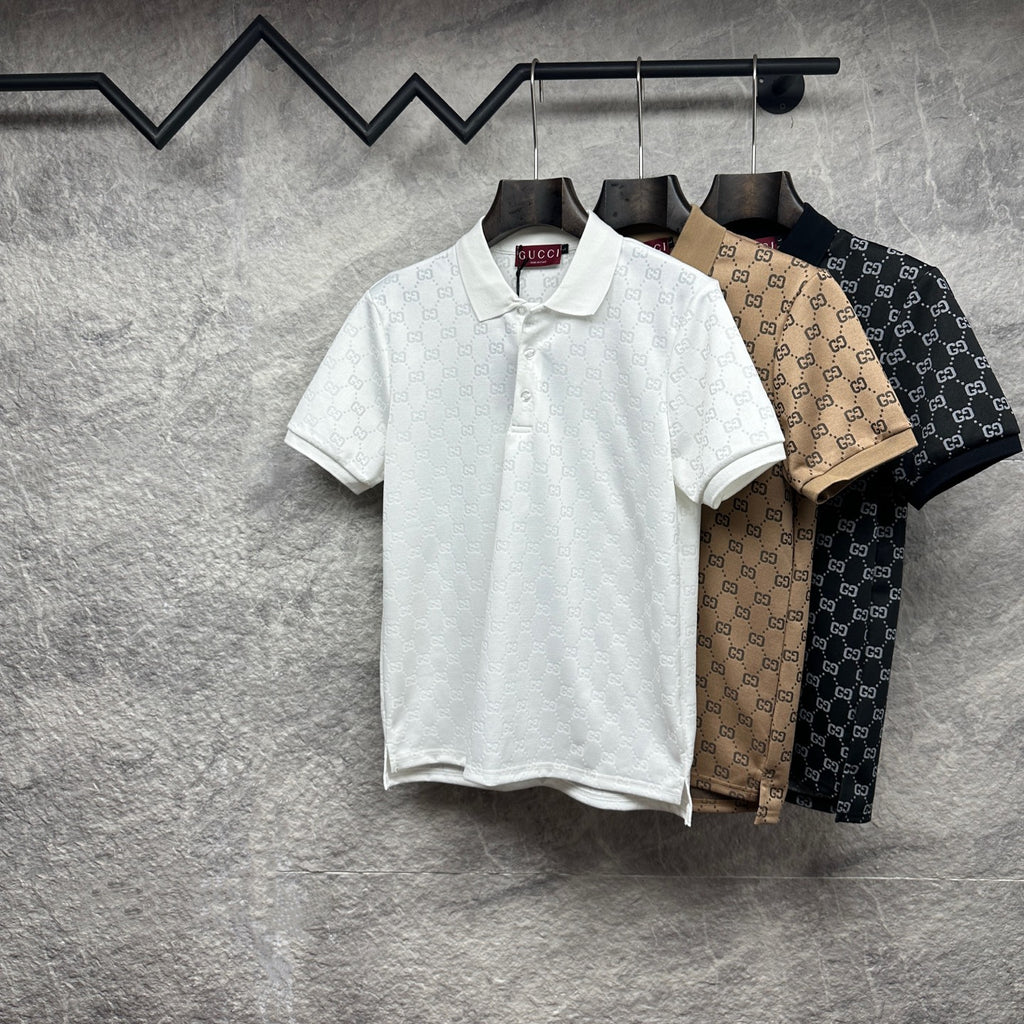 Gucci GG polo shirts in white, brown, and dark navy with buttoned collars