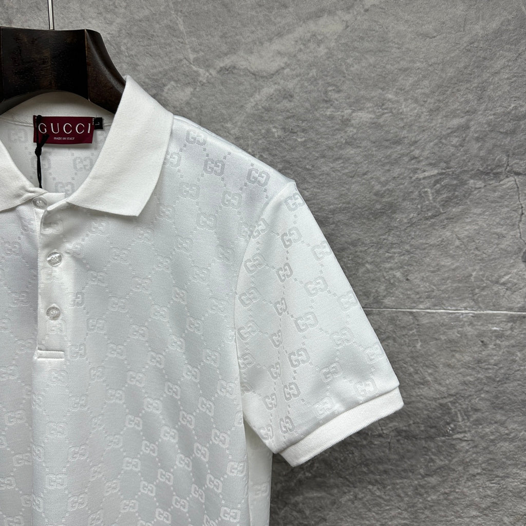 White Gucci polo shirt shoulder and sleeve with GG pattern, short cuff hem