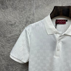 White Gucci polo shirt collar detail with GG pattern and button placket