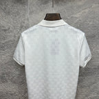 White Gucci polo shirt back view with allover GG monogram pattern, short sleeves