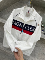 Moncler jacket, white with navy/red logo stripe and zip front on hanger