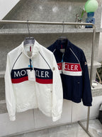 Moncler jacket, white with navy/red logo stripe and zip front