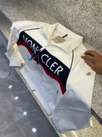 Moncler jacket, white with navy/red logo stripe and stand collar
