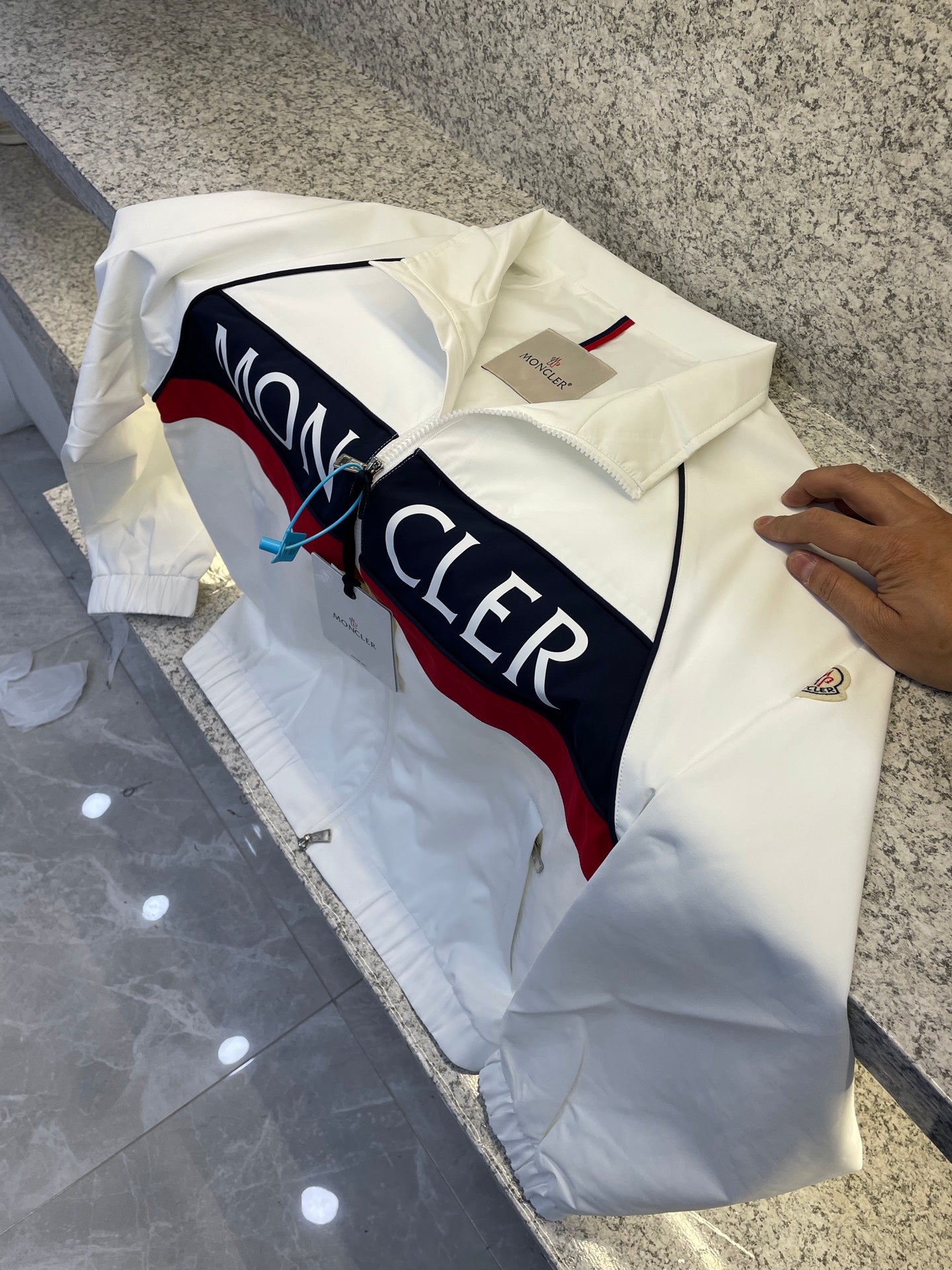 Moncler jacket, white with navy/red logo stripe and stand collar