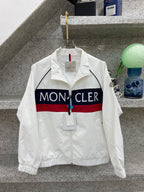 Moncler jacket front, white with navy/red logo stripe and stand collar