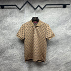 Gucci polo shirt, beige GG monogram knit, short sleeves, button placket