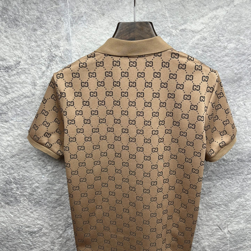 Beige GG monogram polo shirt, back view with ribbed collar and short sleeves