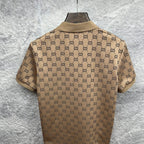Beige GG monogram polo shirt, back view with ribbed collar and short sleeves