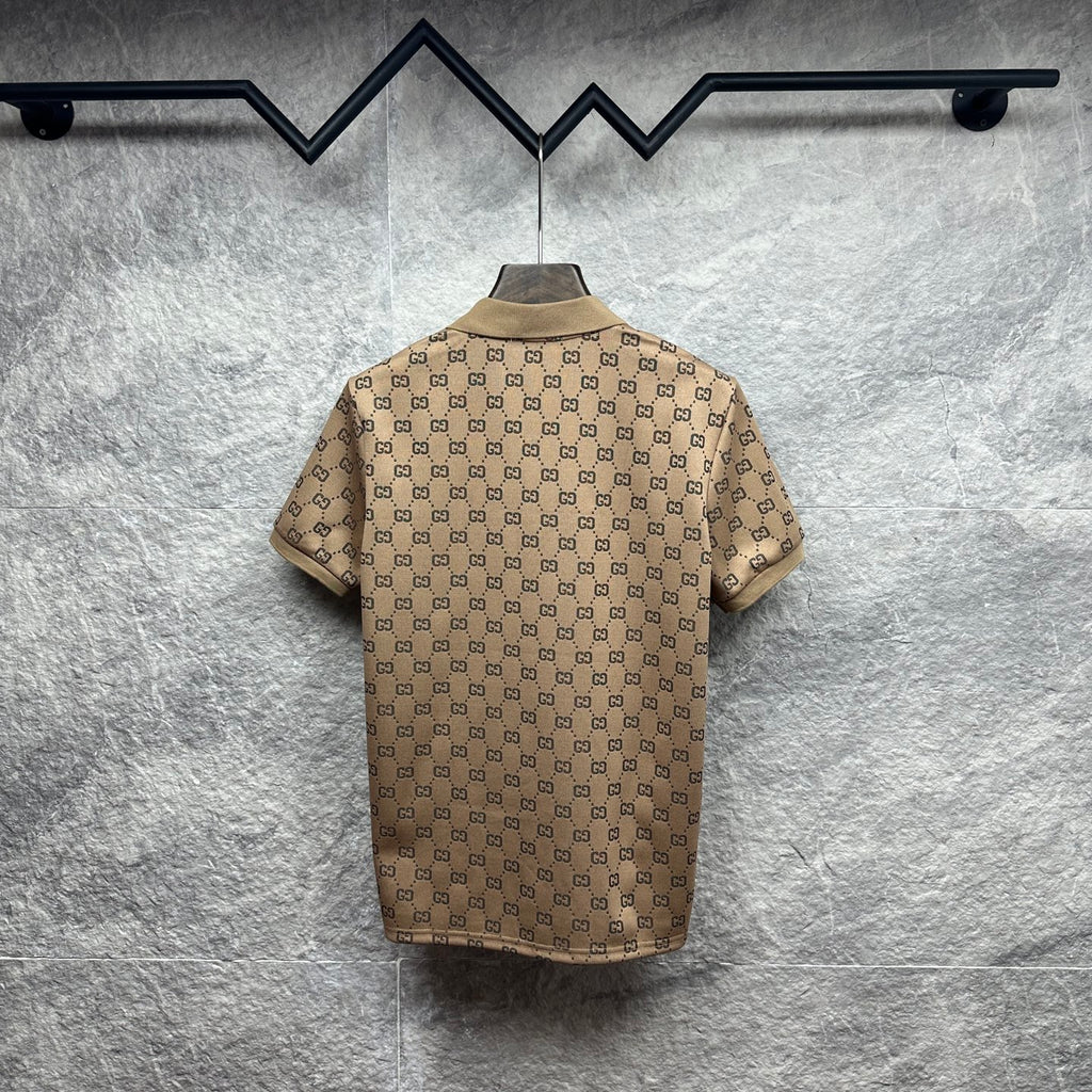 Beige polo shirt with GG monogram, short sleeves, ribbed collar