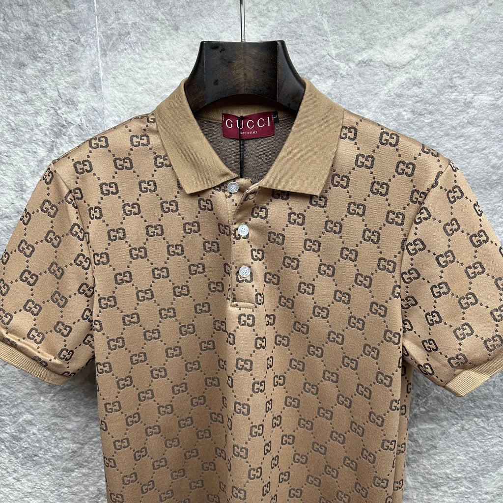 Beige GG monogram polo shirt with tan collar and button placket