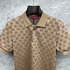 Beige GG monogram polo shirt with tan collar and button placket