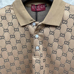 Beige GG monogram polo shirt with tan collar, button placket and Gucci label