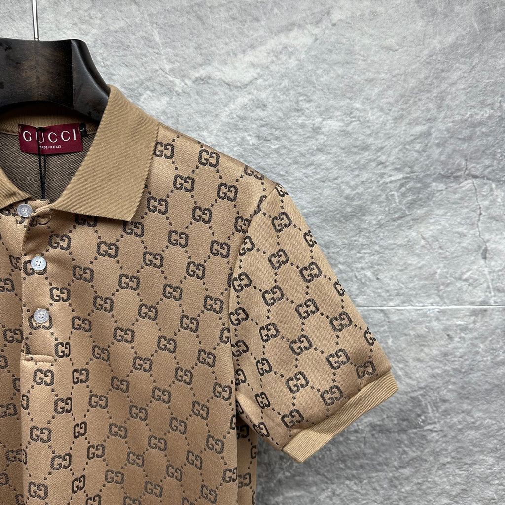 Beige GG monogram polo shirt sleeve with ribbed cuff and seam