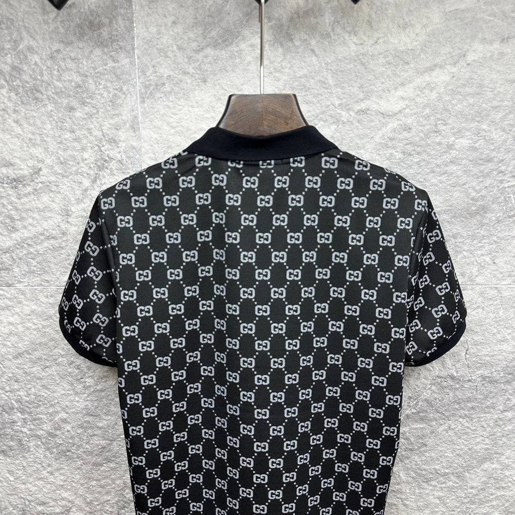 Gucci polo shirt back view, dark navy GG pattern with short sleeves and collar