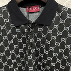 Gucci polo shirt collar detail, dark navy GG pattern with button front