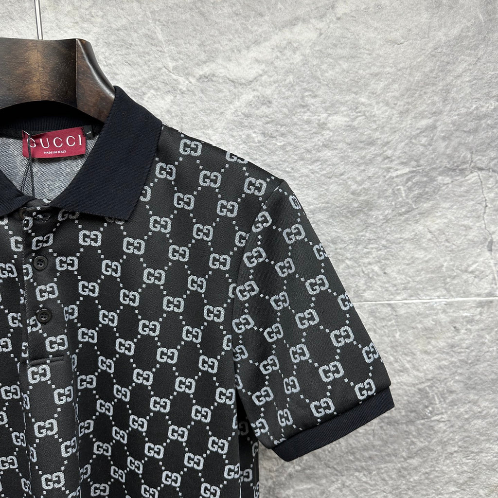 Gucci polo shirt sleeve and shoulder, dark navy GG pattern with ribbed cuff