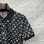Gucci polo shirt sleeve and shoulder, dark navy GG pattern with ribbed cuff