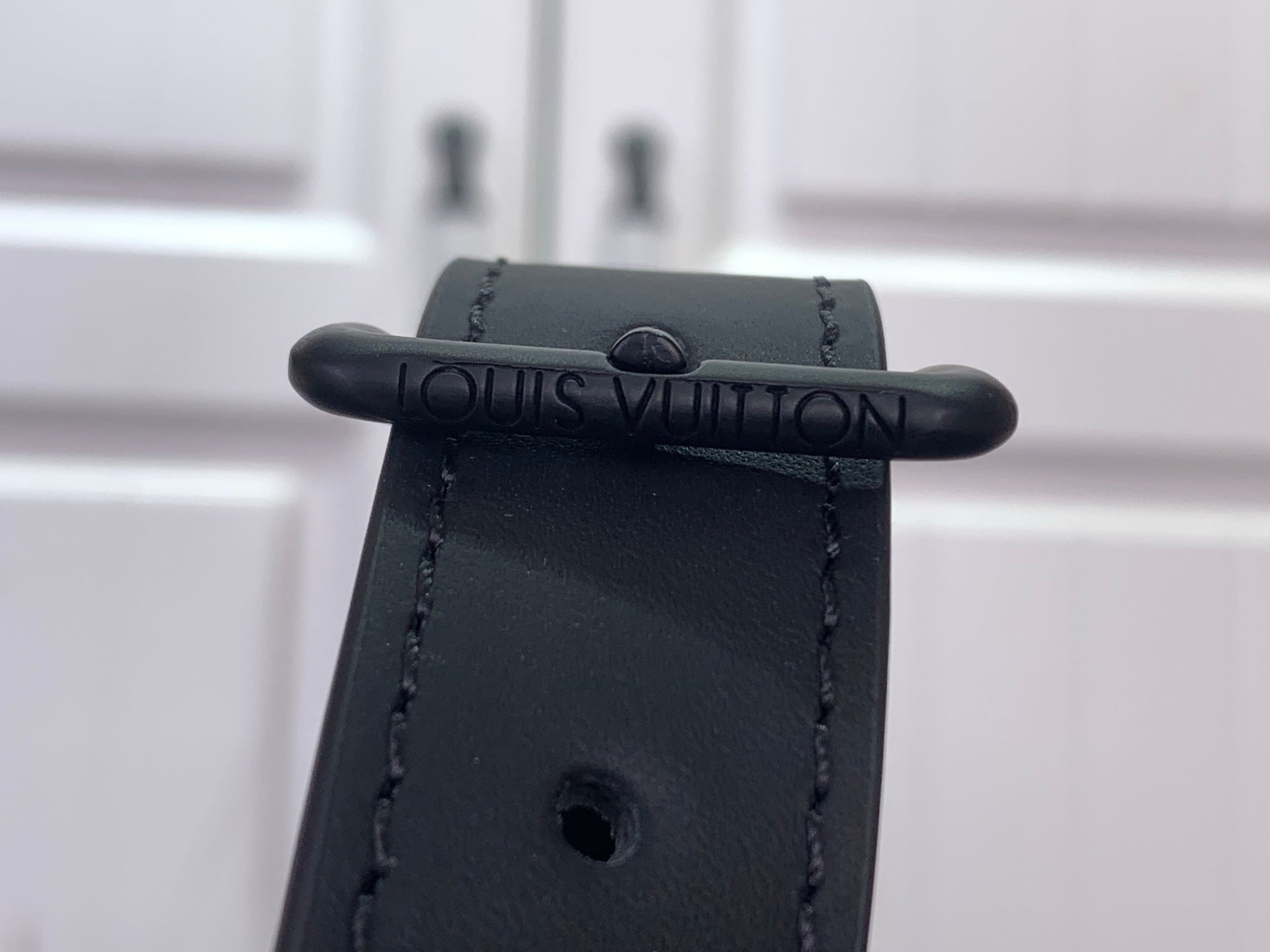 Louis Vuitton bag close-up of top loop hardware and dark leather strap