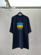Balenciaga crew-neck T-shirt in dark fabric with blue-yellow flag graphic on front