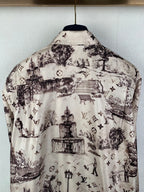 Men's button-up long-sleeve shirt back view, white with dark city fountain print