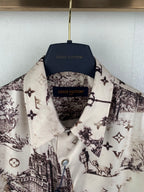 Men's button-up shirt collar and placket, white with dark emblem and city print