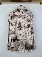 Men's button-up long-sleeve shirt back view, white with dark city and emblem print