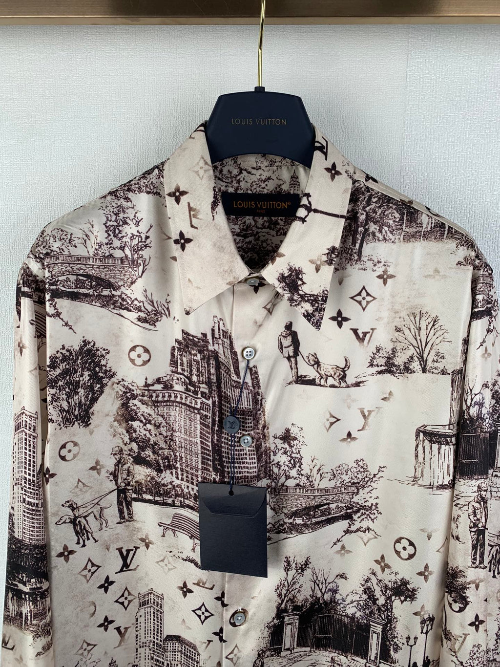 Men's button-up long-sleeve shirt, white with dark allover city and emblem print