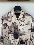 Men's button-up long-sleeve shirt, white with dark allover city and emblem print