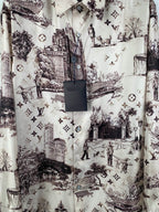Men's button-up shirt, white with dark city scene print and round logo-style buttons