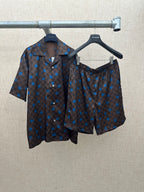Short-sleeve shirt and matching shorts set with blue polka-dot and check pattern