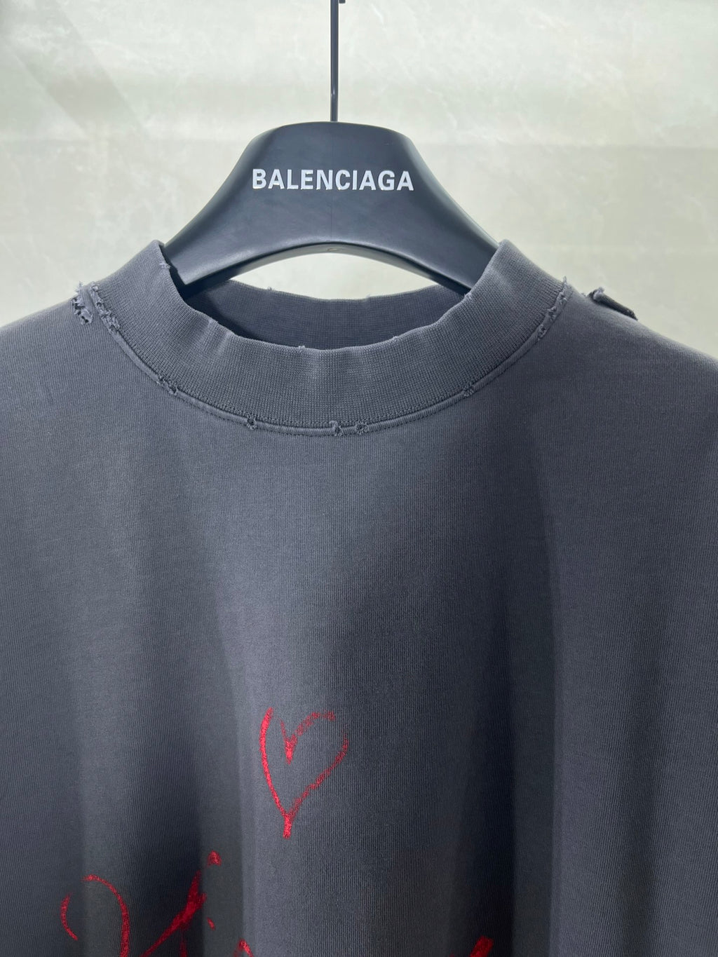 Balenciaga dark navy crew-neck T-shirt with red heart graphic on chest