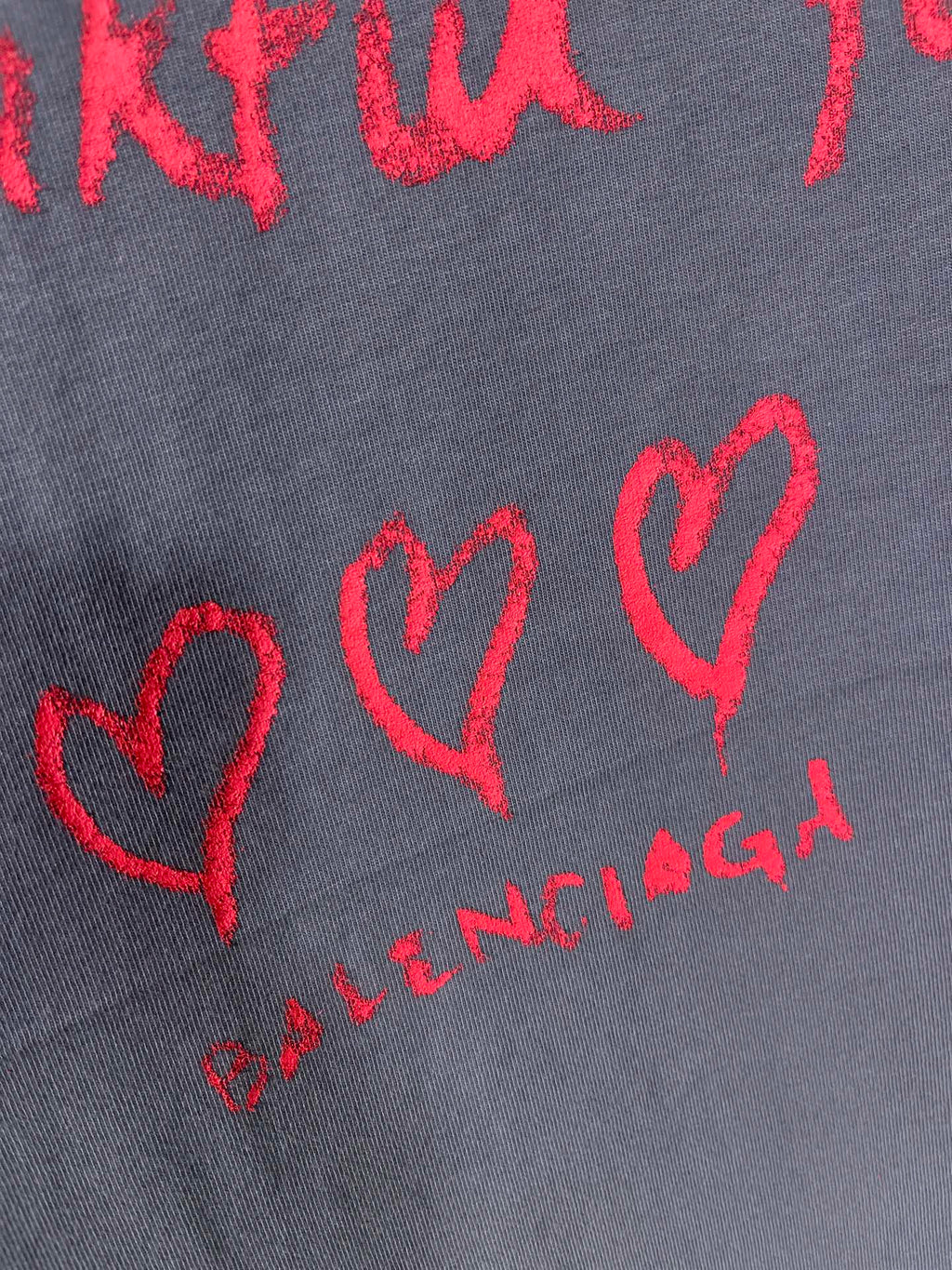 Balenciaga dark navy T-shirt with red heart graphics and 'BALENCIAGA' text