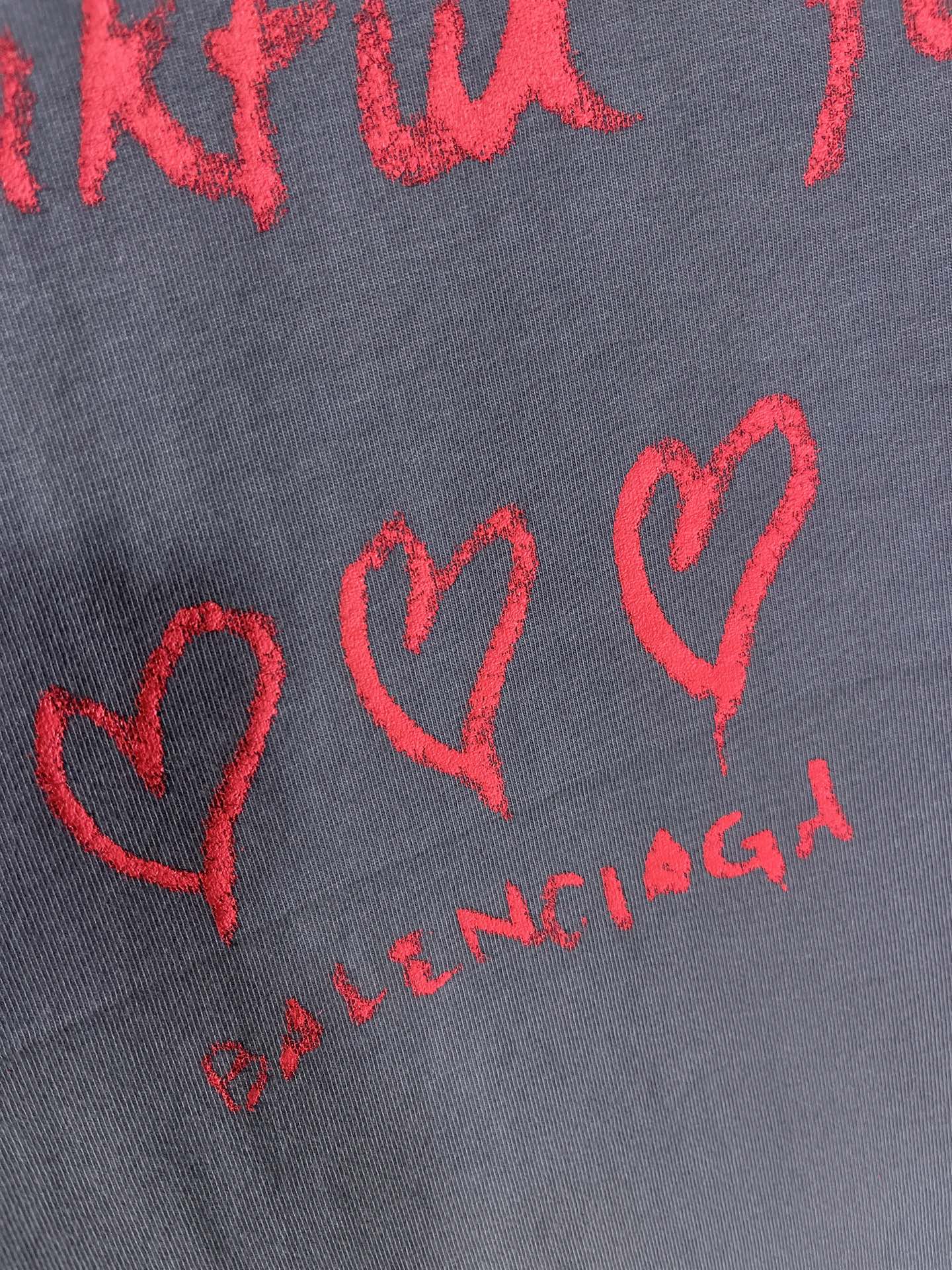 Balenciaga dark navy T-shirt with red heart graphics and 'BALENCIAGA' text