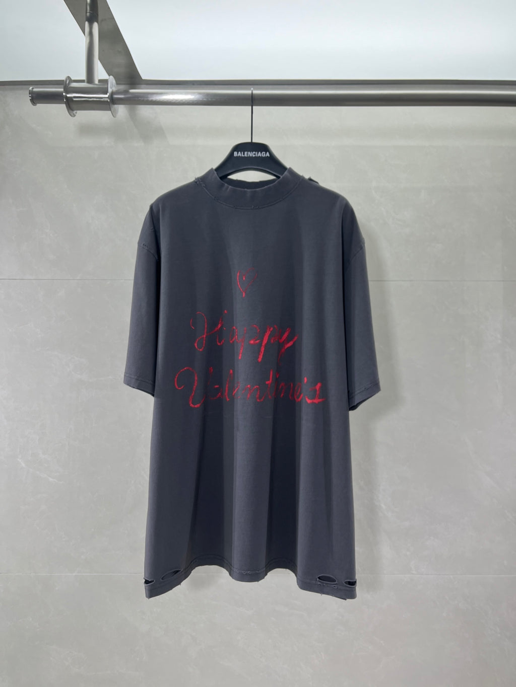 Balenciaga dark navy graphic T-shirt with red heart-style print, front view