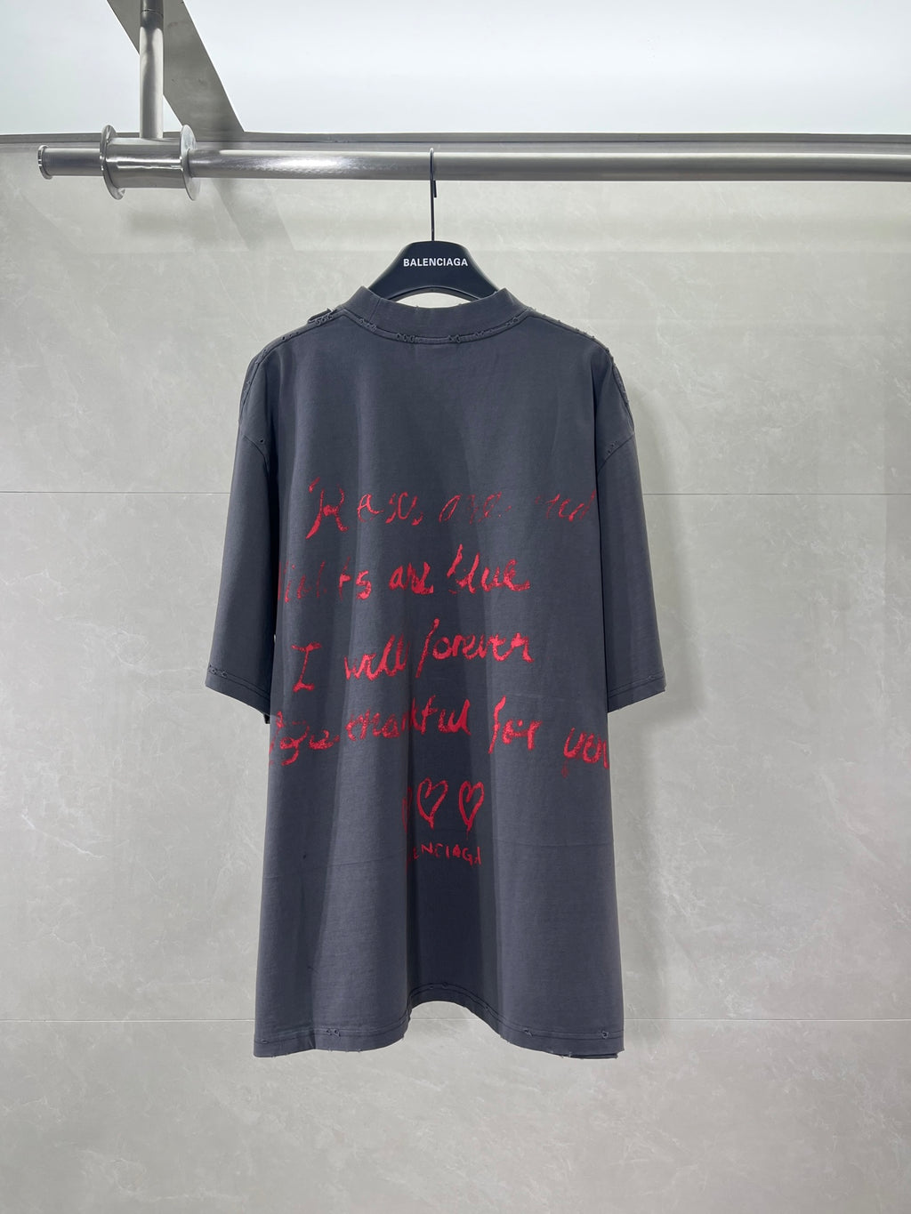 Balenciaga dark navy graphic T-shirt with red back print, crew neck, back view