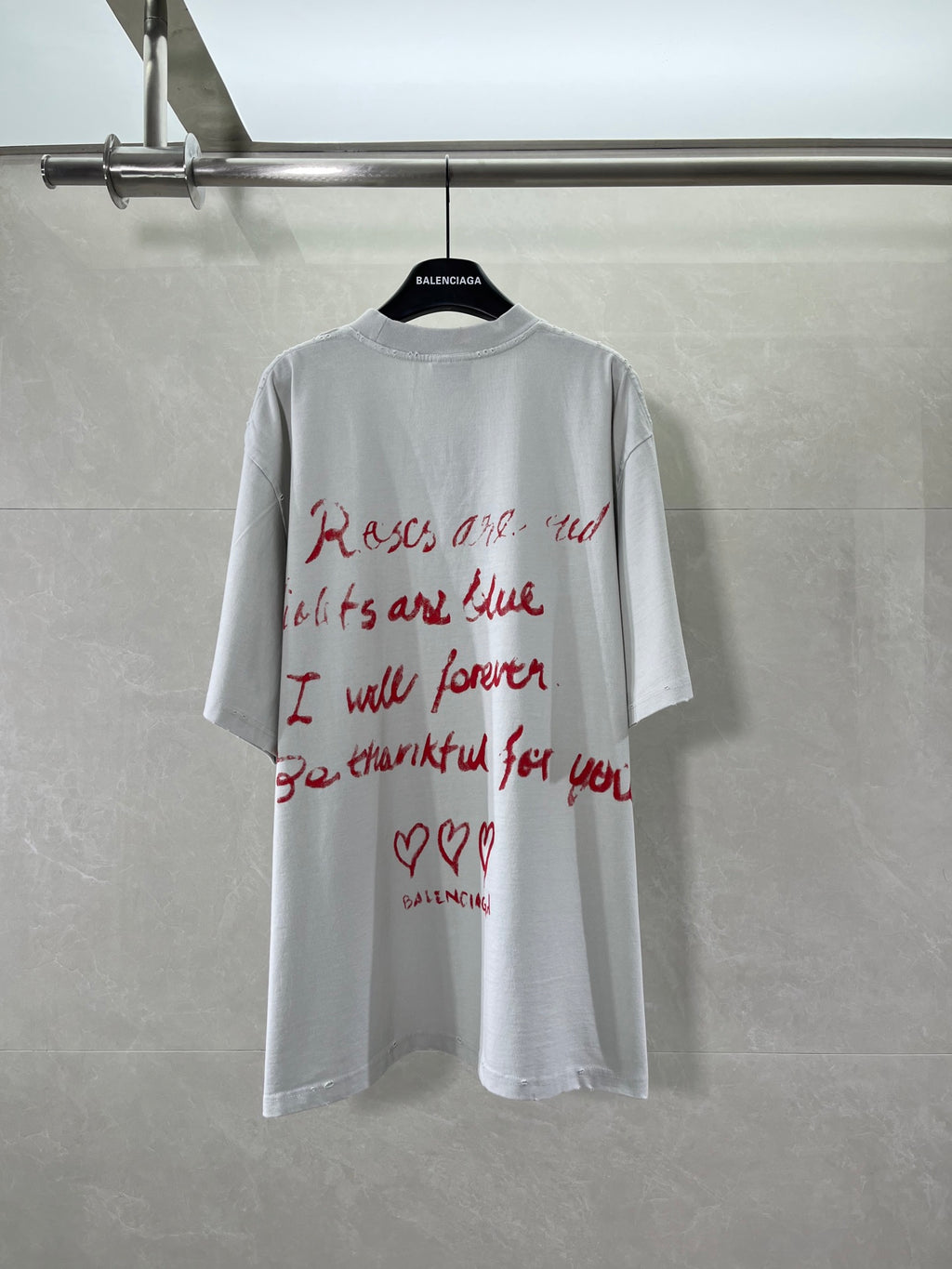 Balenciaga short-sleeve T-shirt, white with red back text and heart graphic