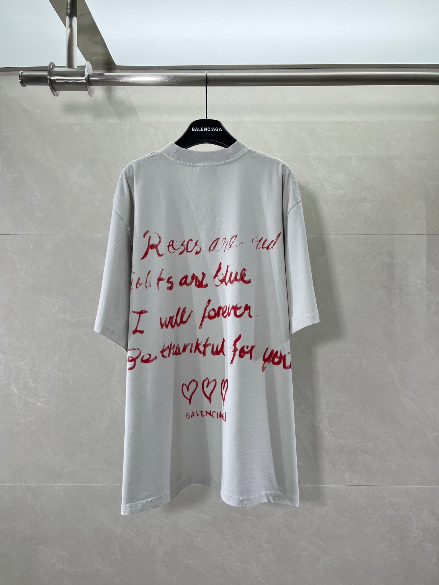 Balenciaga short-sleeve T-shirt, white with red back text and heart graphic