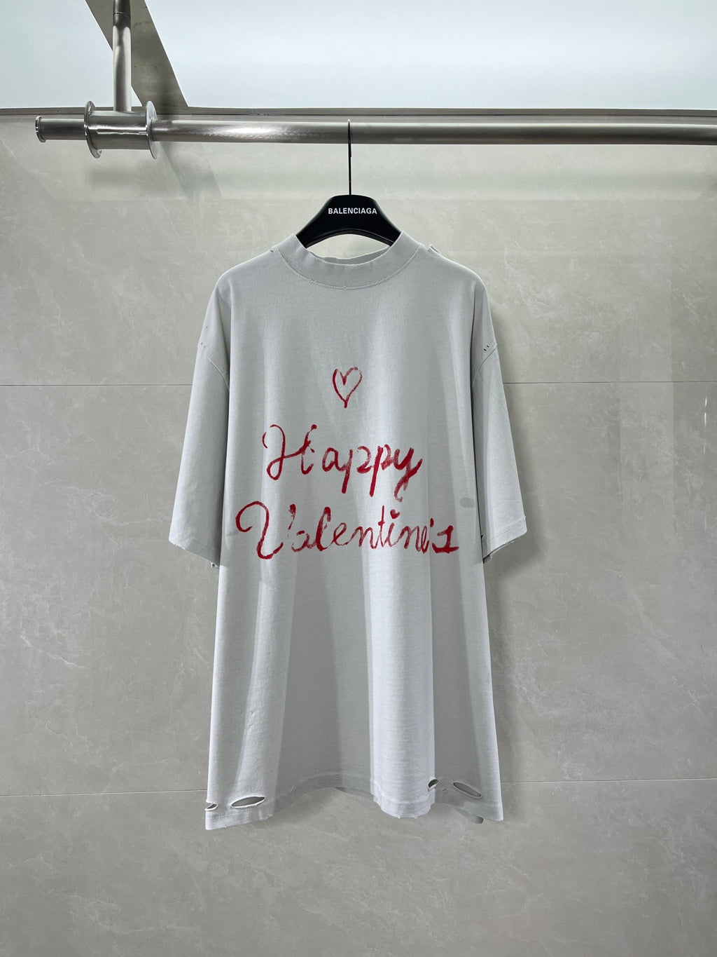 Balenciaga short-sleeve T-shirt, white with red heart and “Happy Valentine’s” text