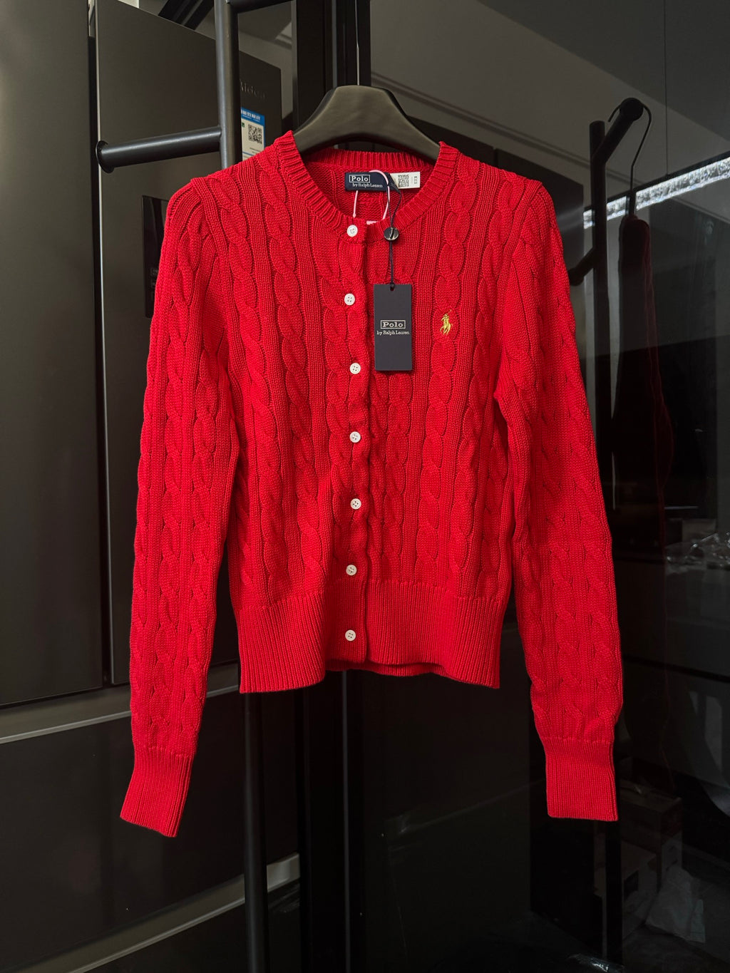Ralph Lauren cable-knit cardigan, red, button-front with stand collar and polo emblem